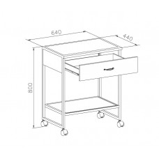 Столик передвижной, 1 ящик, полка стеклянная, ц/м, 640х440х800 мм
